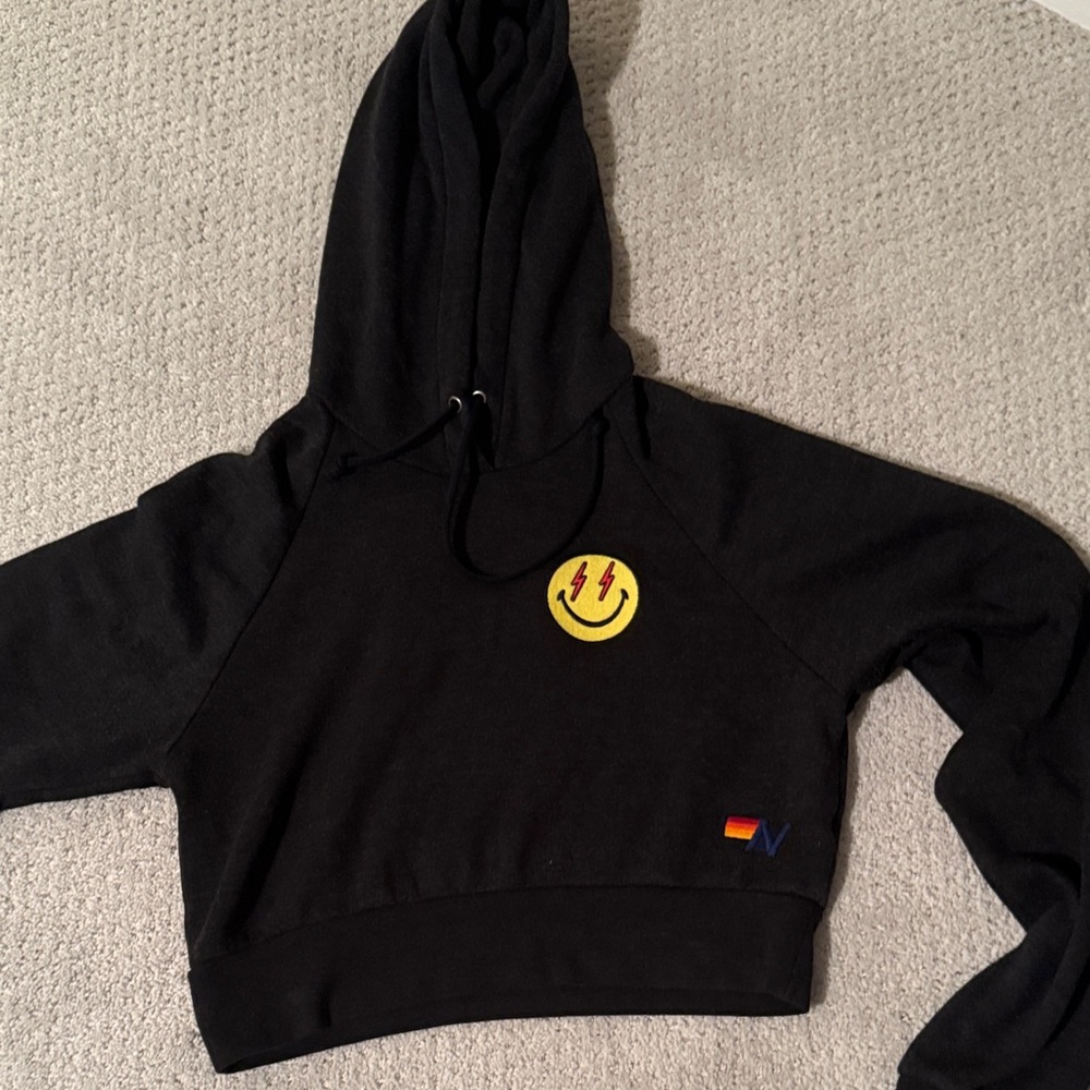 Aviator Nation Black Hoodie with Smiley and Lightning Bolt